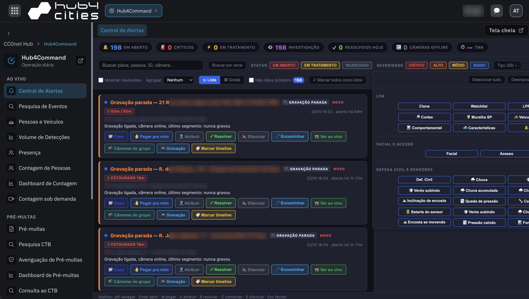 Central de Alertas do Hub4 Command com filtros por severidade, status e tipo de alerta