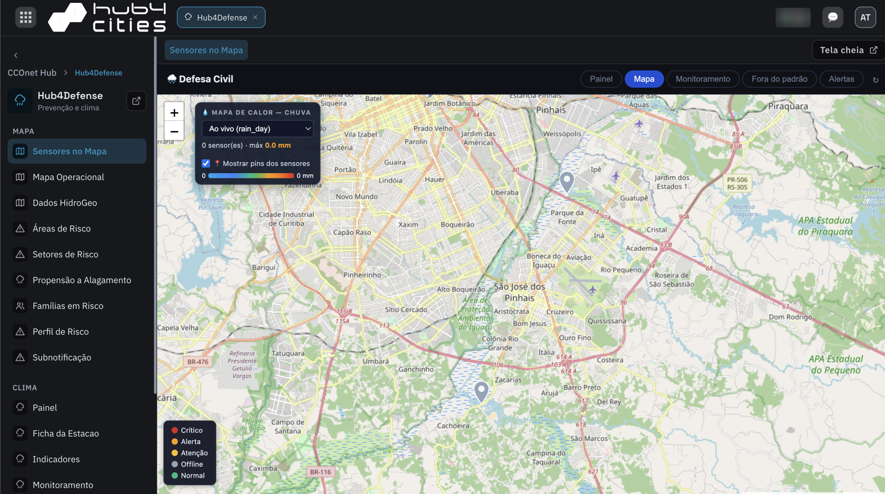 Sensores no Mapa do Hub4 Defense com mapa de calor de chuva e status dos sensores